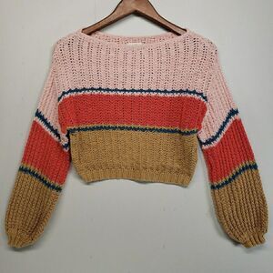 Billabong Cropped Sweater XS Colorblock Open Knit Boho Bell Sleeve Surf Skate